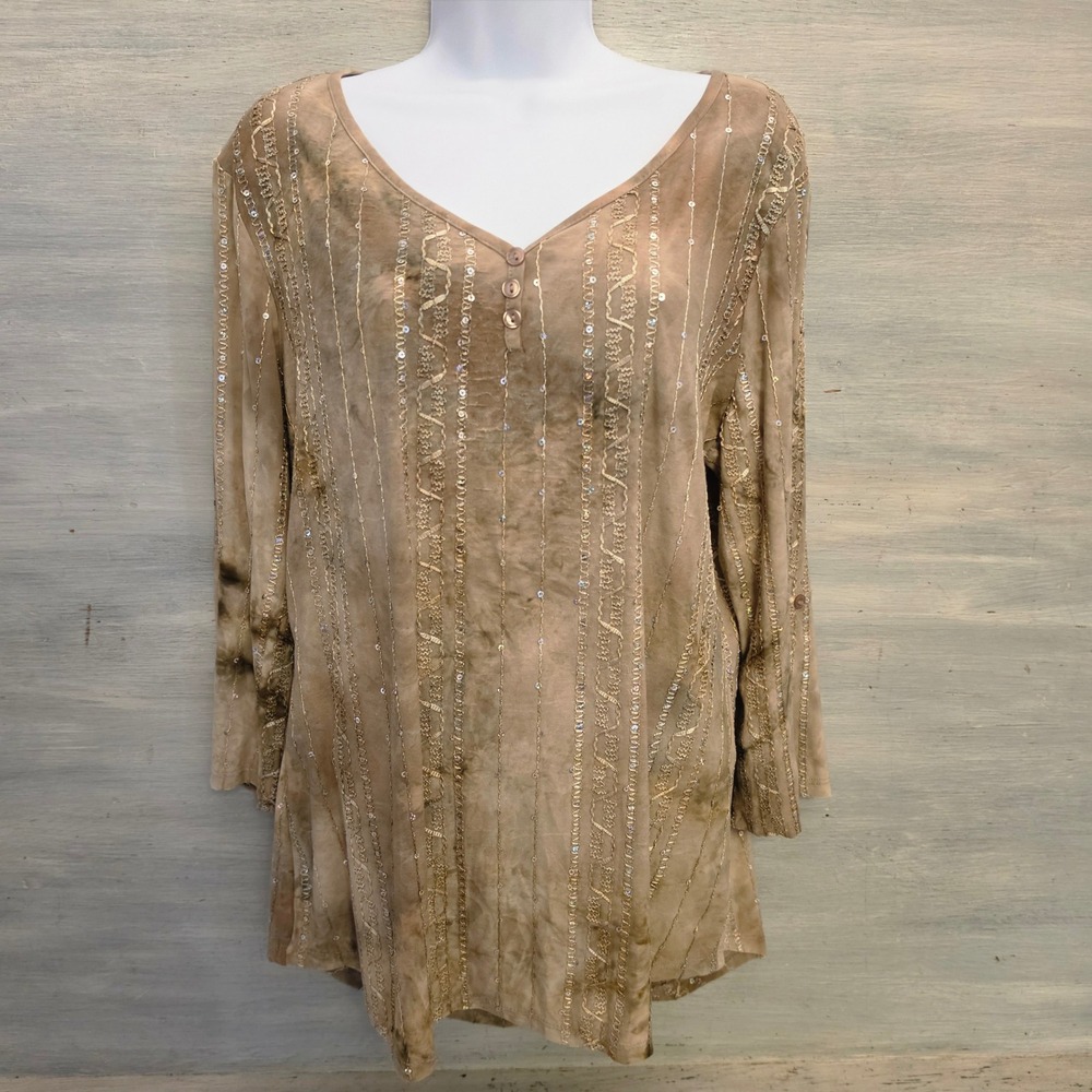 Dress Barn Tan Tie Dye Embroidered Sequined Boho Tunic Top Blouse  Size Large GC